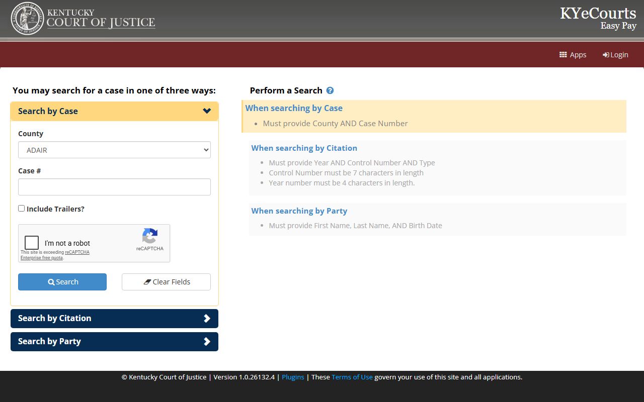 Leslie County court dockets KYeCourts Easy Pay search screen
