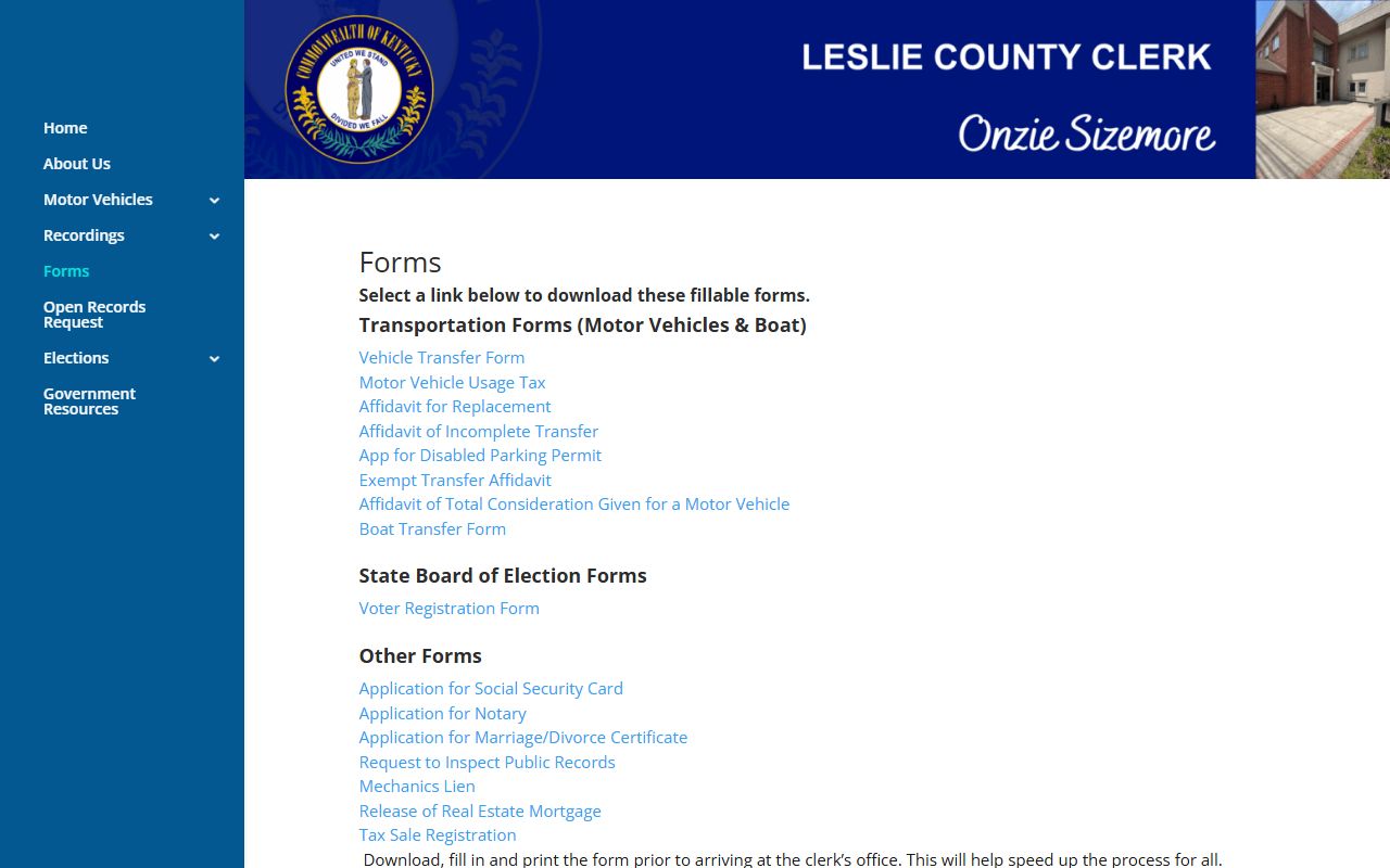 Leslie County marriage and divorce records forms page