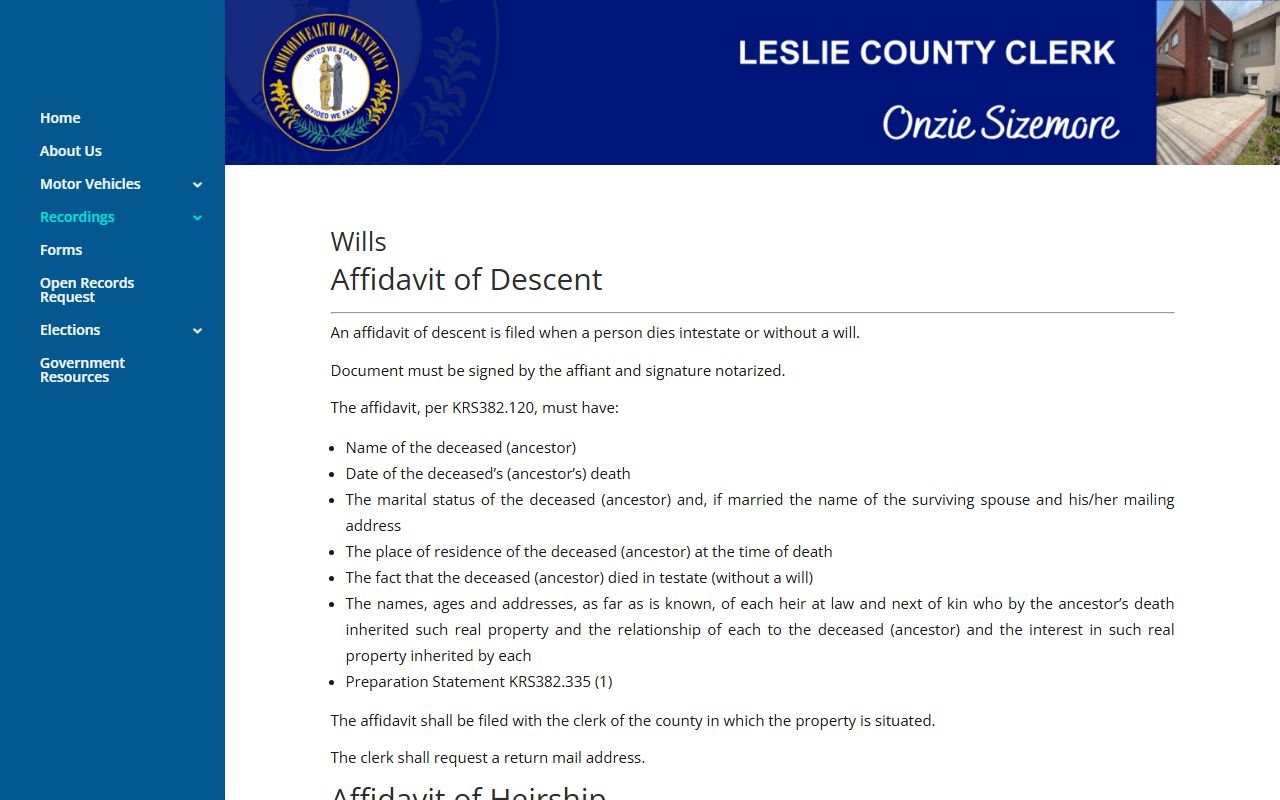 Leslie County probate records county clerk wills page