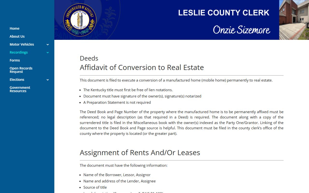 Leslie County probate records deed and property recording page