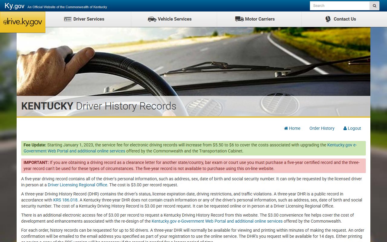 Leslie County traffic court records Kentucky Driver History Record portal